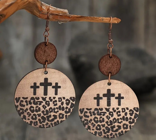 Wooden leopard print cross earrings