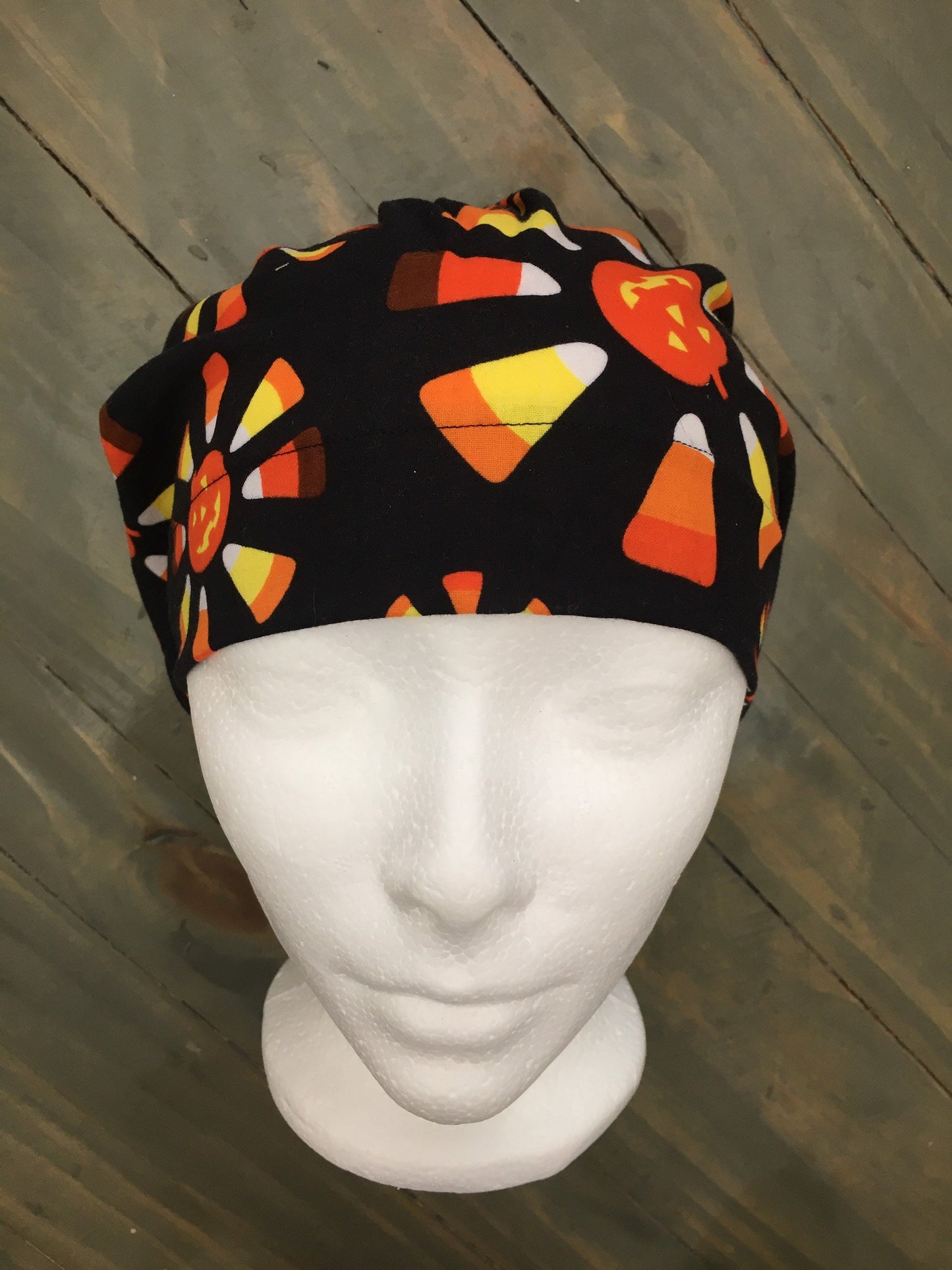 Candy corn jack o lantern bouffant/euro style surgical hat