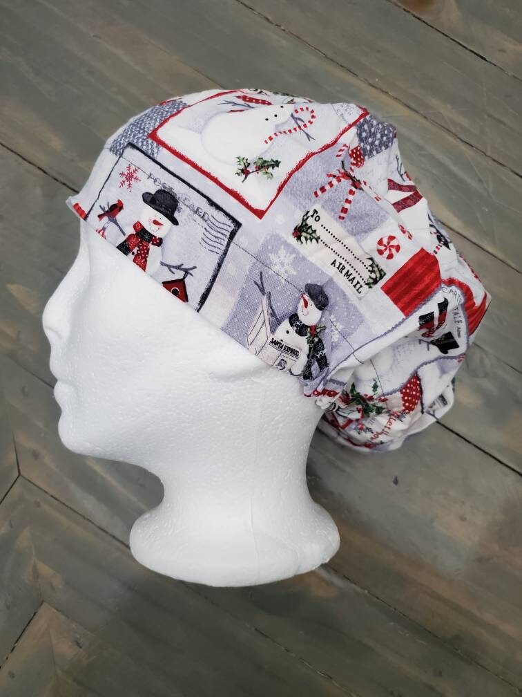 Postcard Christmas bouffant/Euro hybrid style surgical/scrub/dental hat by Carolinadreamsbyjen