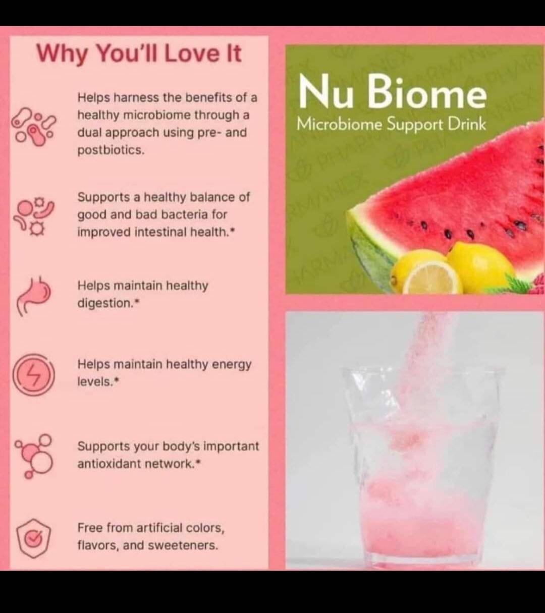 Nuskin Pharmanex Nu Biome microbiome support in watermelon raspberry lemon flavor dietary supplement