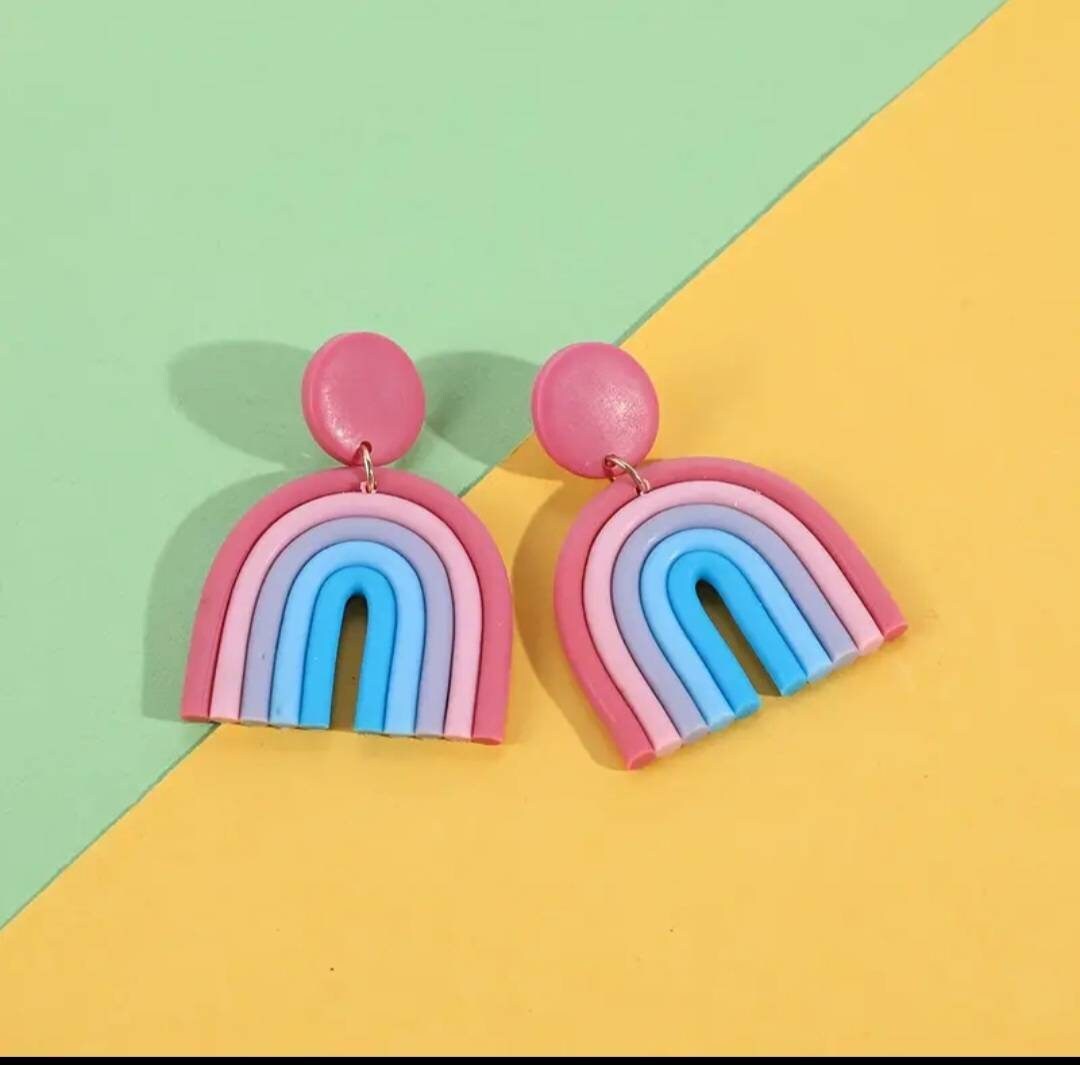 Synthetic Polymeric Clay Rainbow Dangle Earrings | Rainbow Earrings | Arch Earrings | Clay Rainbow | Dangle Earrings