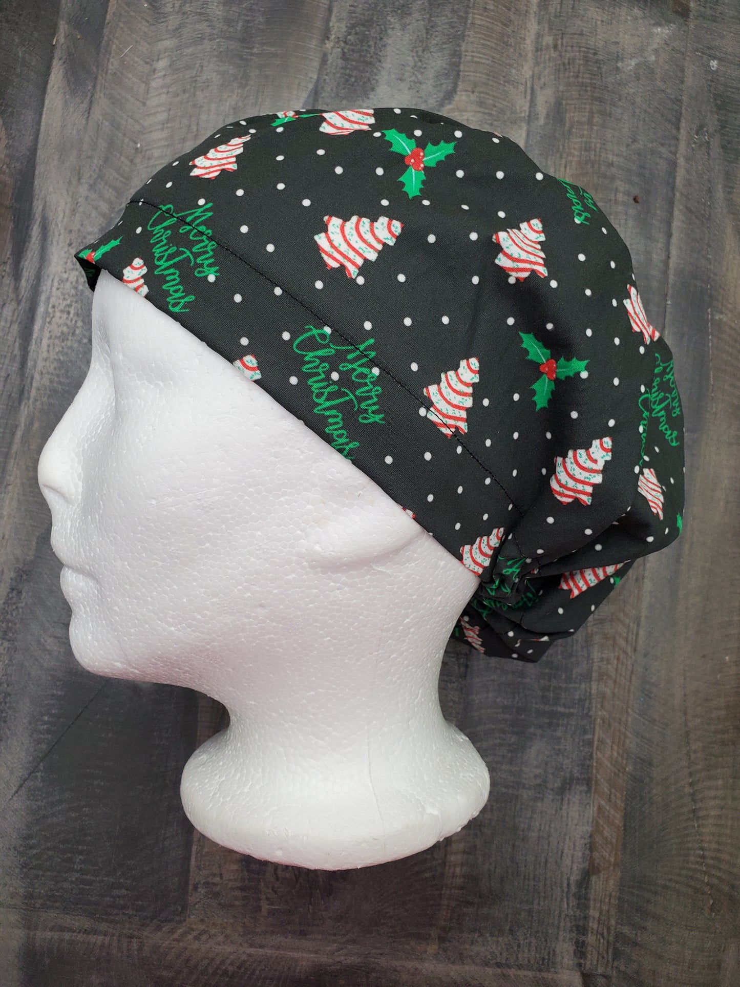 Christmas tree cakes on green bouffant/euro hybrid style surgical/scrub/dental hat by Carolinadreamsbyjen