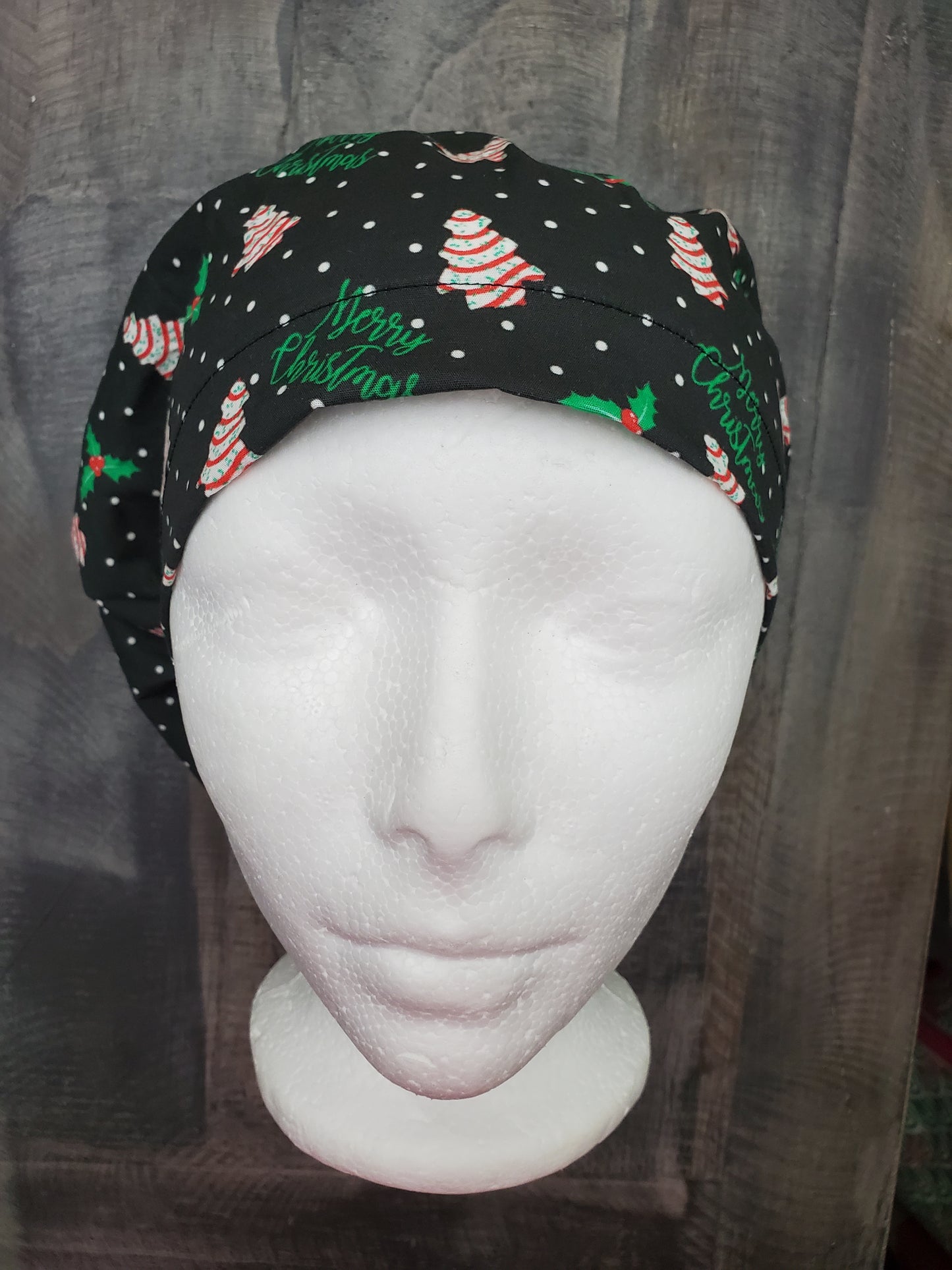 Christmas tree cakes on green bouffant/euro hybrid style surgical/scrub/dental hat by Carolinadreamsbyjen