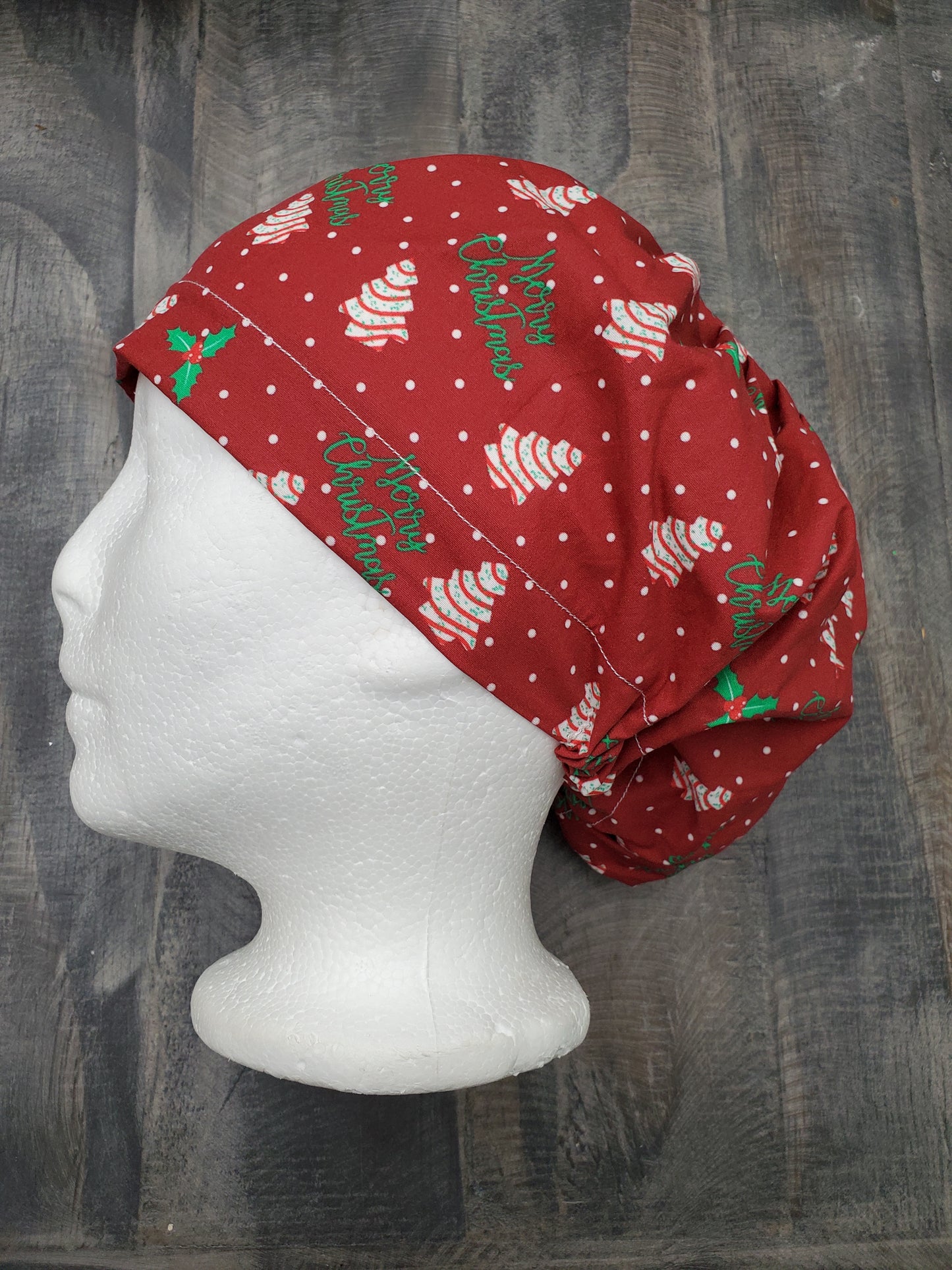 Christmas tree cakes on red bouffant/euro hybrid style surgical/scrub/dental hat by Carolinadreamsbyjen