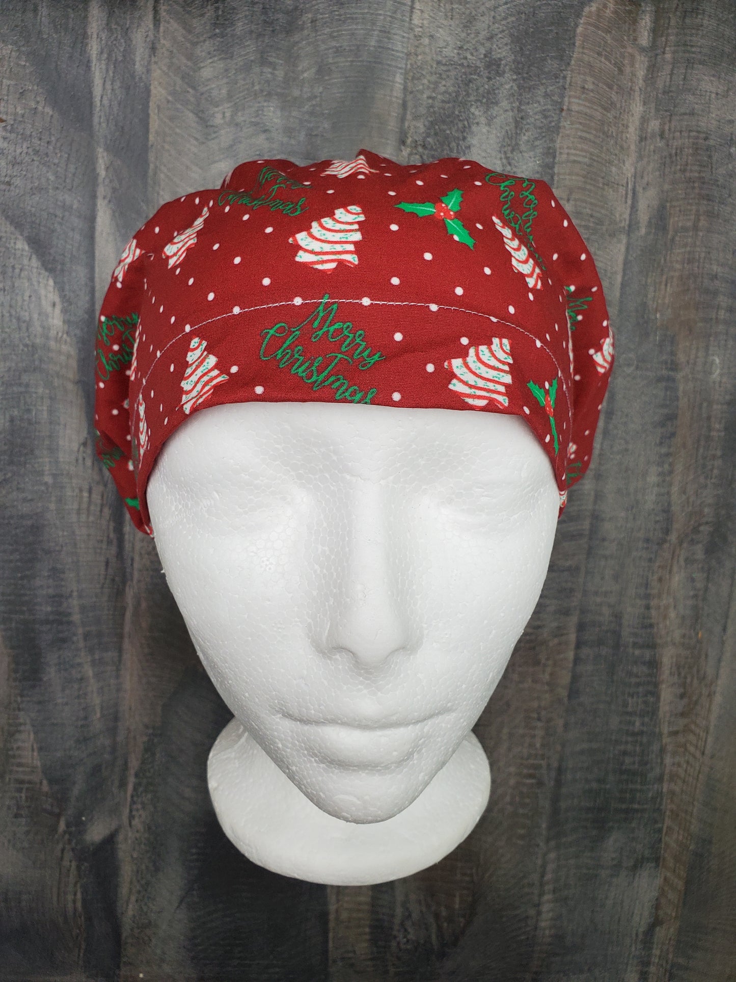 Christmas tree cakes on red bouffant/euro hybrid style surgical/scrub/dental hat by Carolinadreamsbyjen