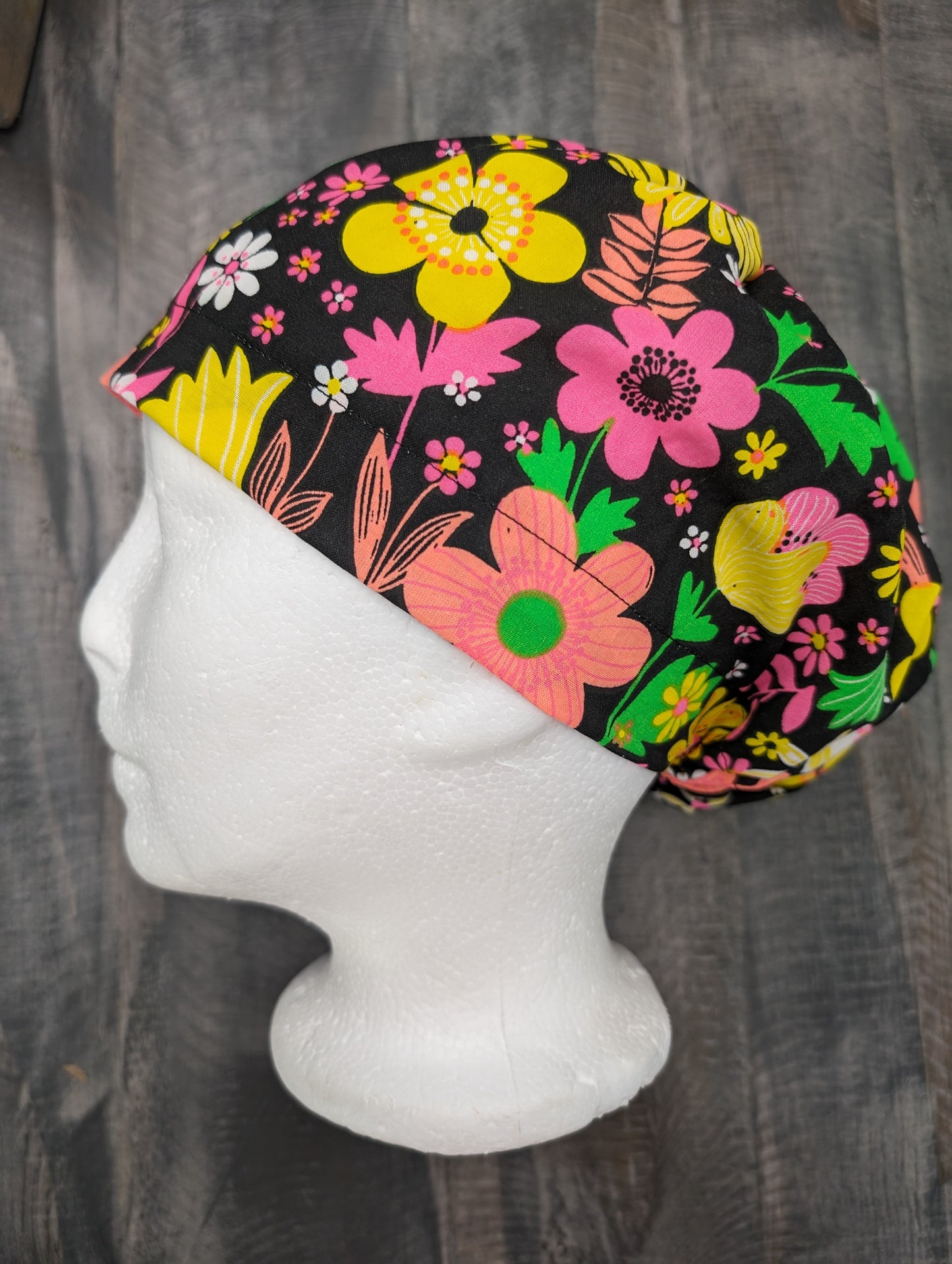 Neon flower bouffant/euro hybrid style surgical/scrub/dental hat by carolinadreamsbyjen