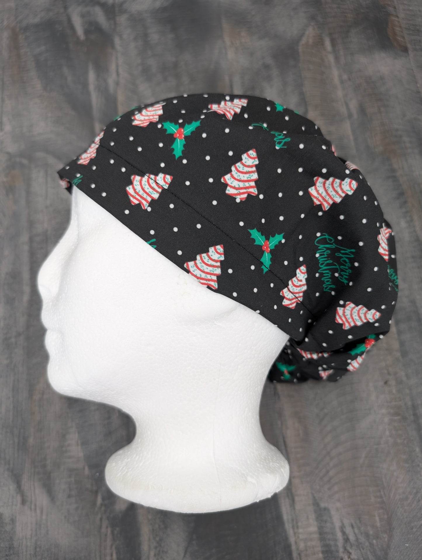 Christmas tree cakes on black bouffant/euro hybrid style surgical/scrub/dental hat by carolinadreamsbyjen