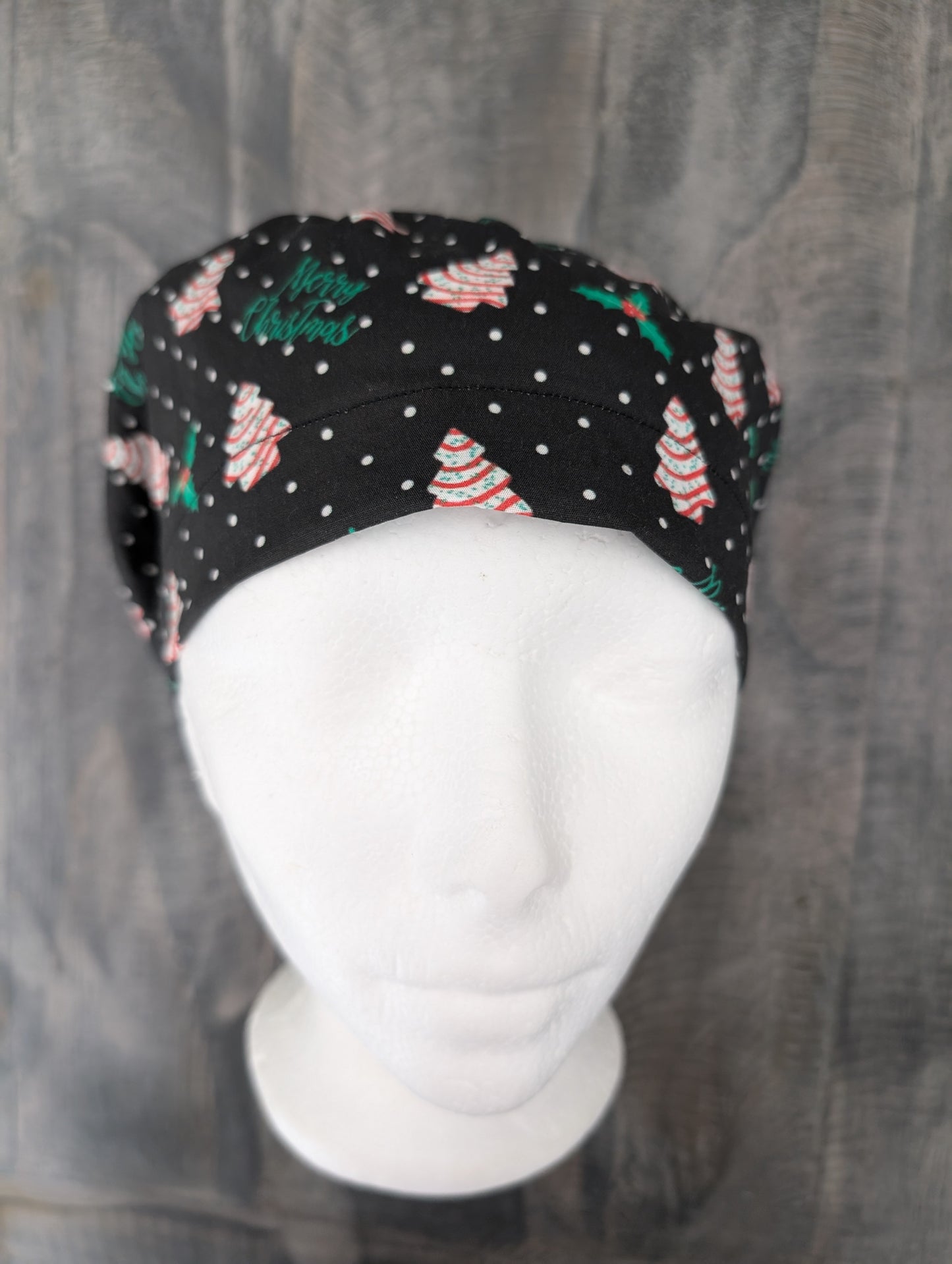 Christmas tree cakes on black bouffant/euro hybrid style surgical/scrub/dental hat by carolinadreamsbyjen