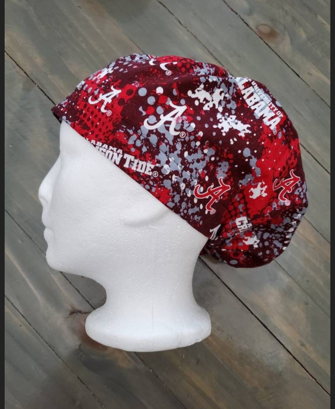 Alabama splatter bouffant/Euro hybrid style surgical/scrub/dental hat