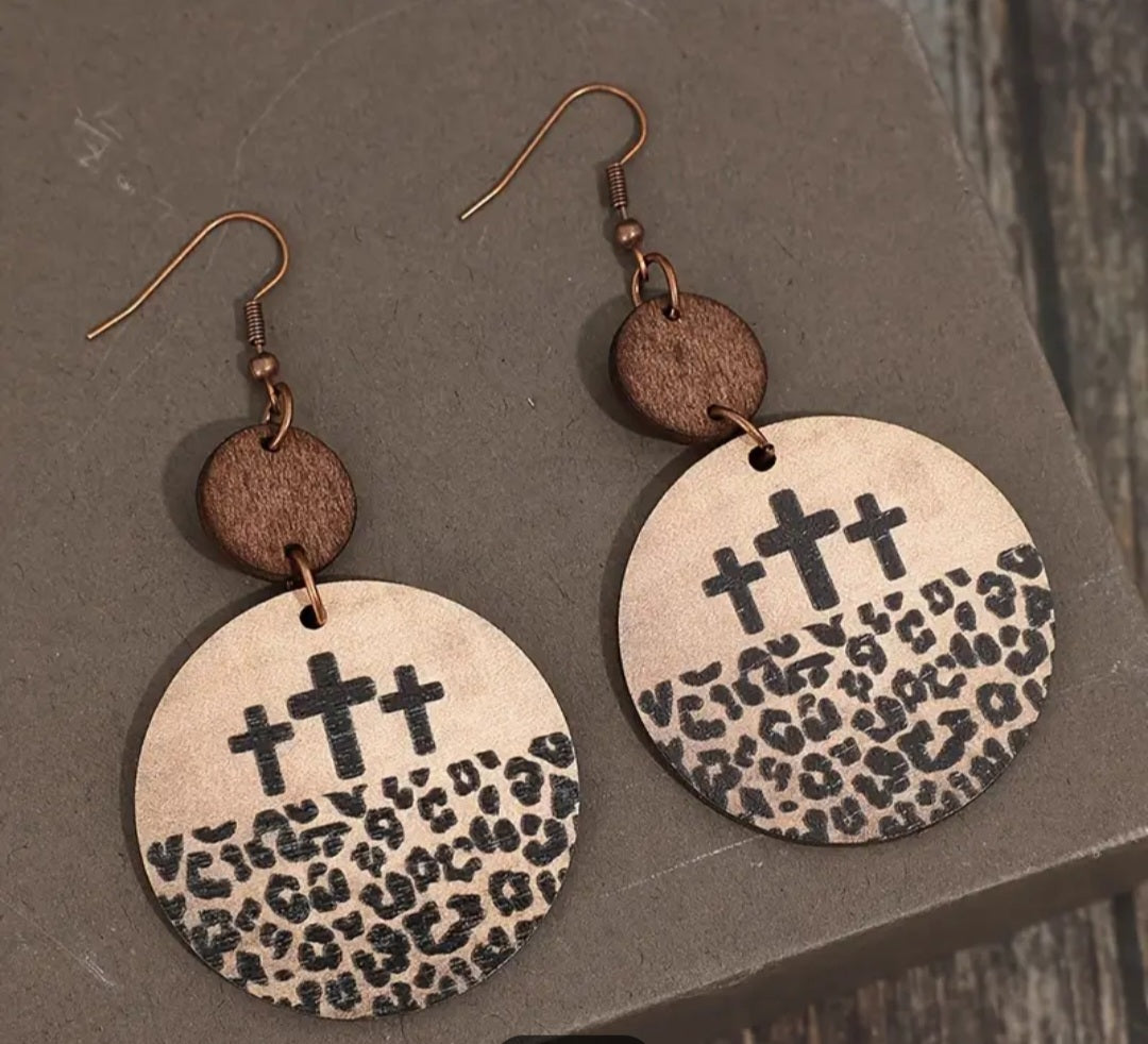 Wooden leopard print cross earrings