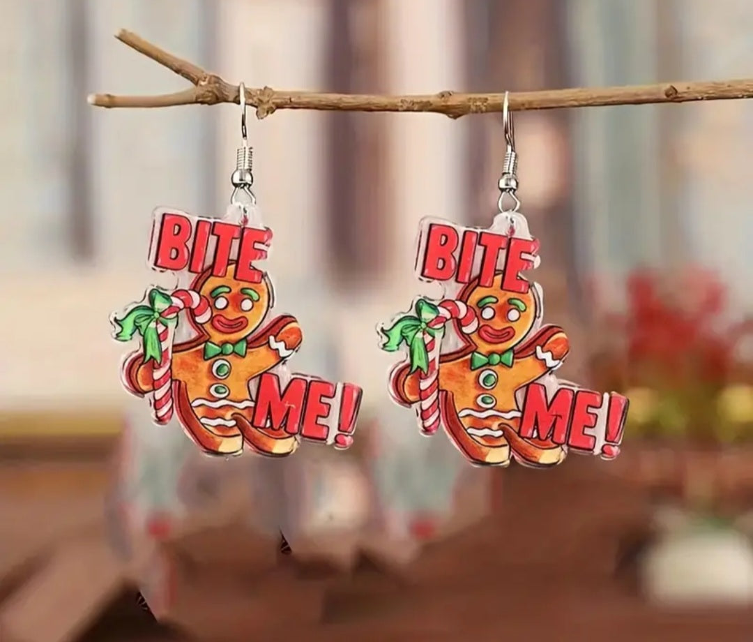 Bite me gingerbread acrylic earrings