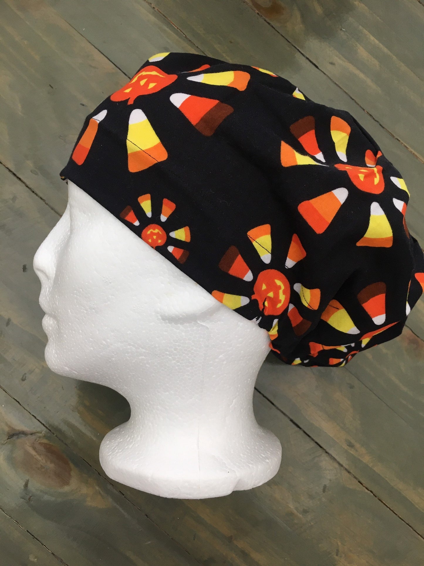 Candy corn jack o lantern bouffant/euro style surgical hat