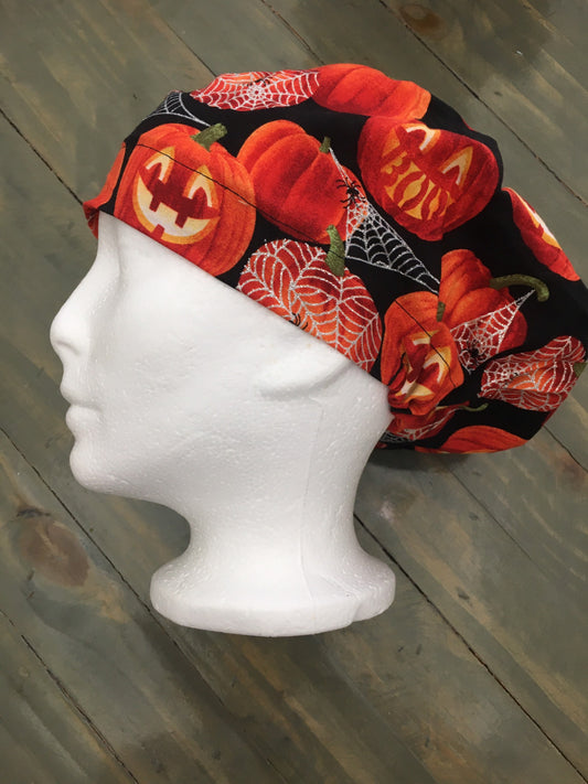 Jack o lanterns and spiderwebs bouffant/euro surgical hat ( has shimmer)