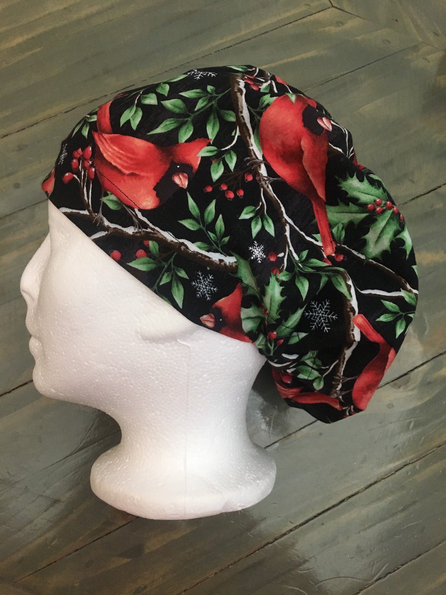 Red birds and holly bouffant/euro style surgical hat