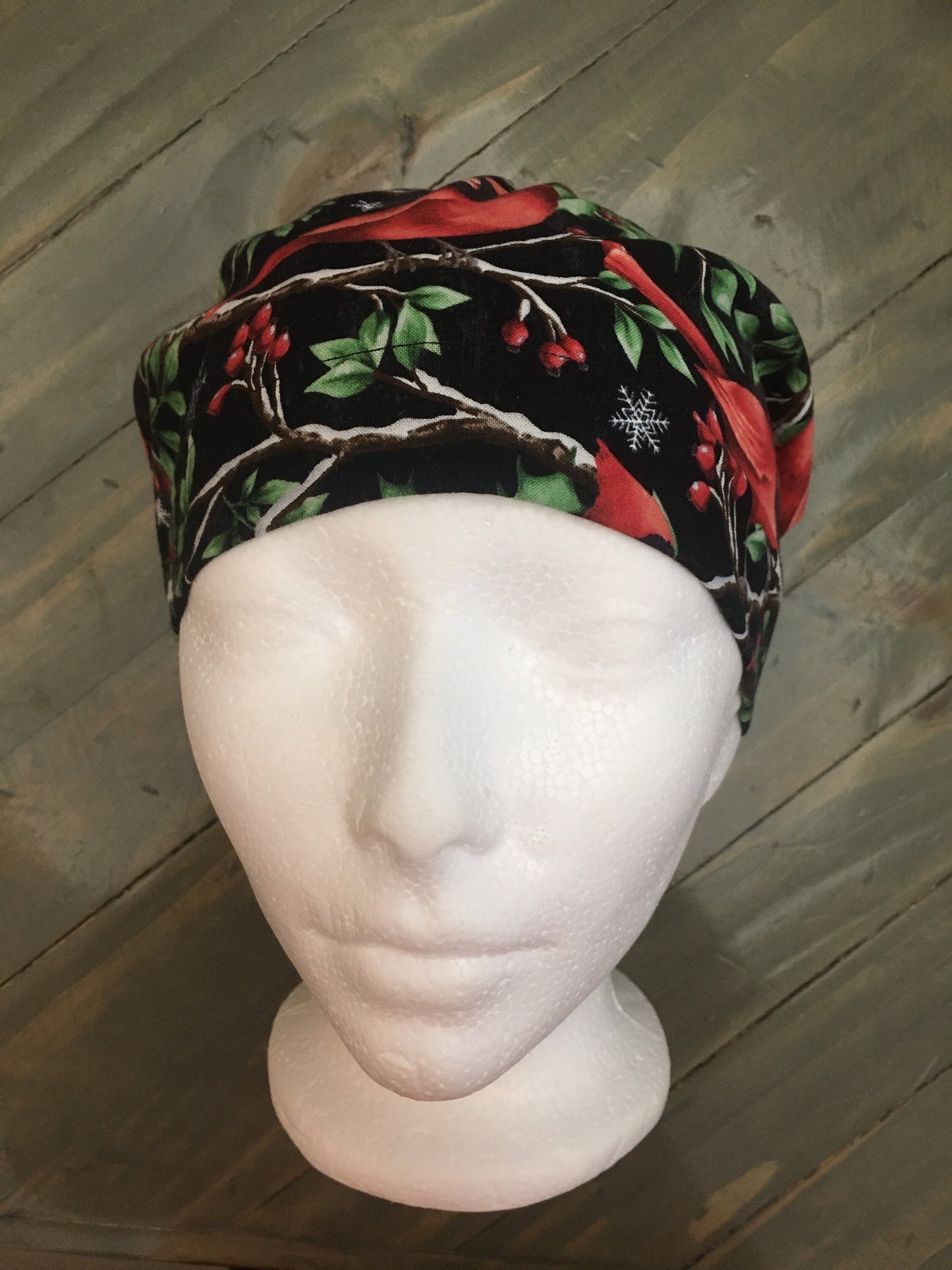 Red birds and holly bouffant/euro style surgical hat