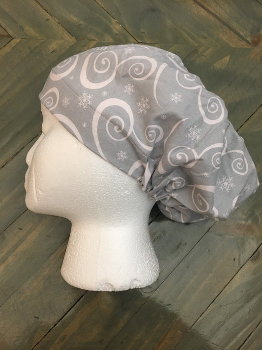 Snowflake swirls euro/bouffant surgical hat