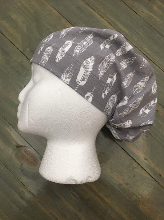 Feathers on grey euro/bouffant style surgical hat