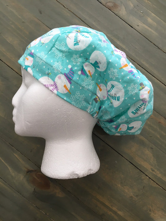 Snowflakes and snowmen euro/bouffant style surgical hat