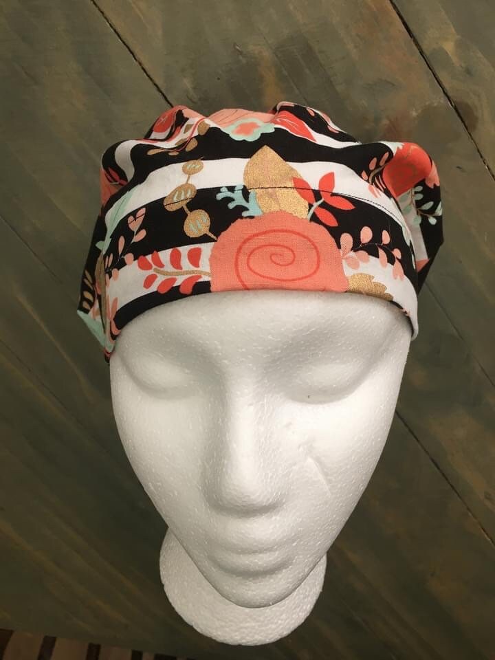 Flowers on stripes bouffant/euro style surgical hats