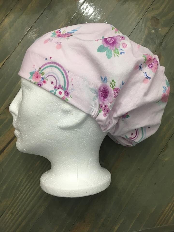 Flowered unicorns bouffant/euro style surgical hat