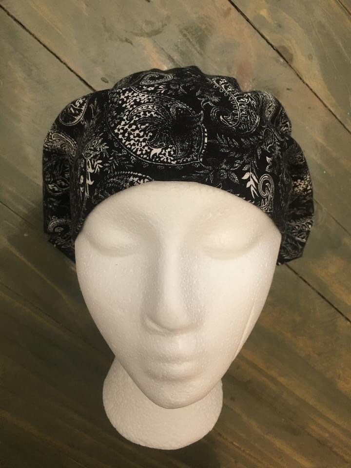 Black paisley bouffant/euro style surgical hat