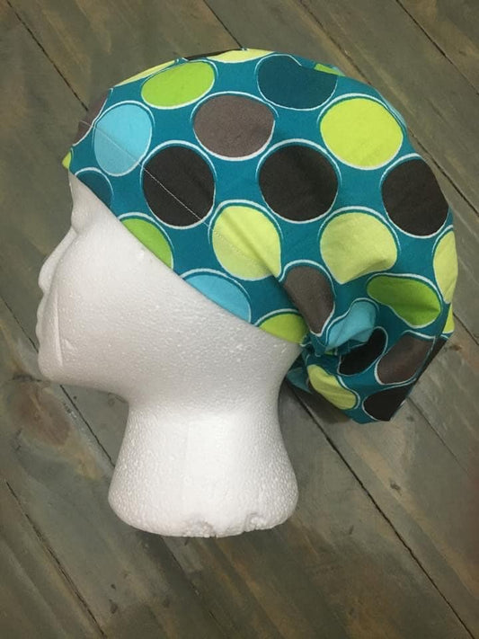 Blue green polka dots bouffant/euro style surgical hat