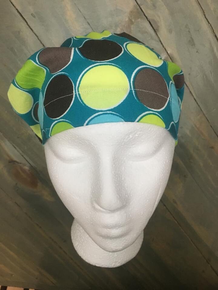 Blue green polka dots bouffant/euro style surgical hat