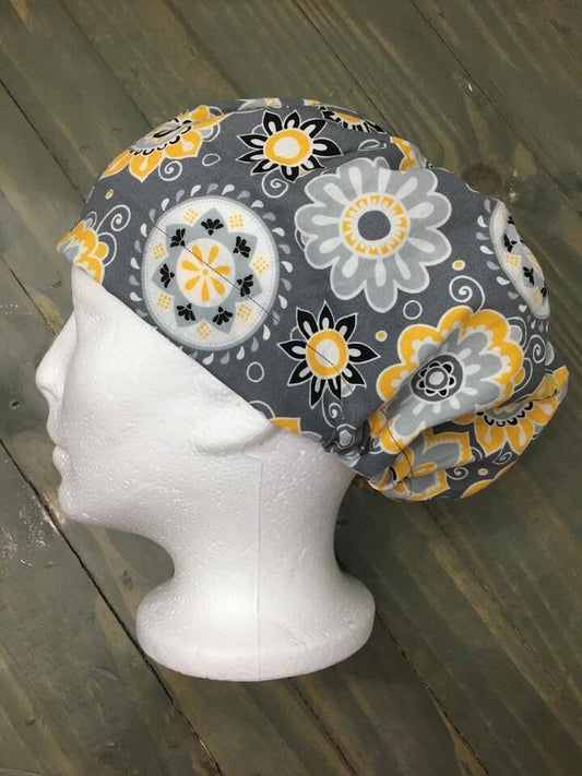 Geometric yellow/grey flowers bouffant/euro style surgical hat