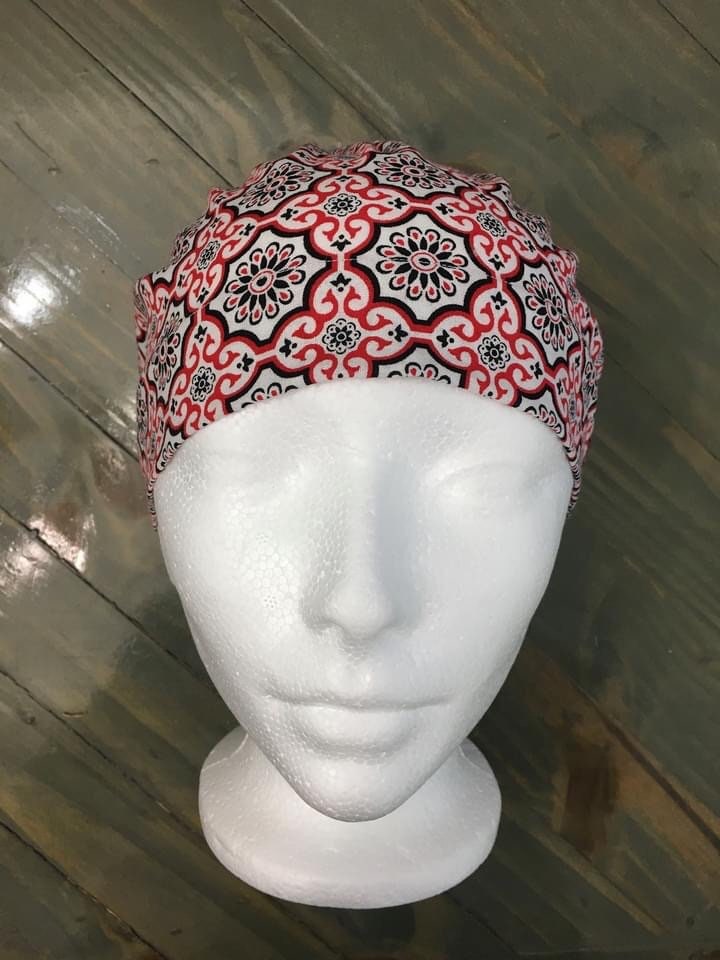 Red/black geometric bouffant/euro style surgical hat