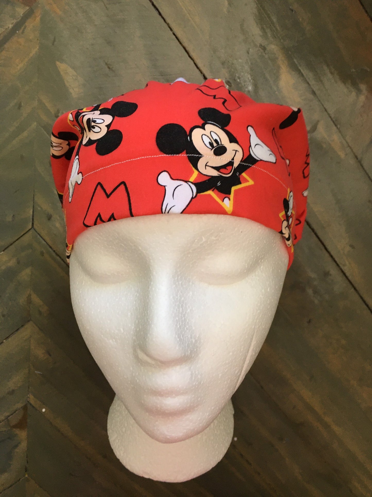 Mickey on red bouffant/euro style surgical hat