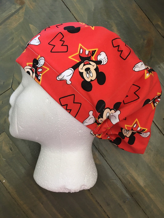 Mickey on red bouffant/euro style surgical hat