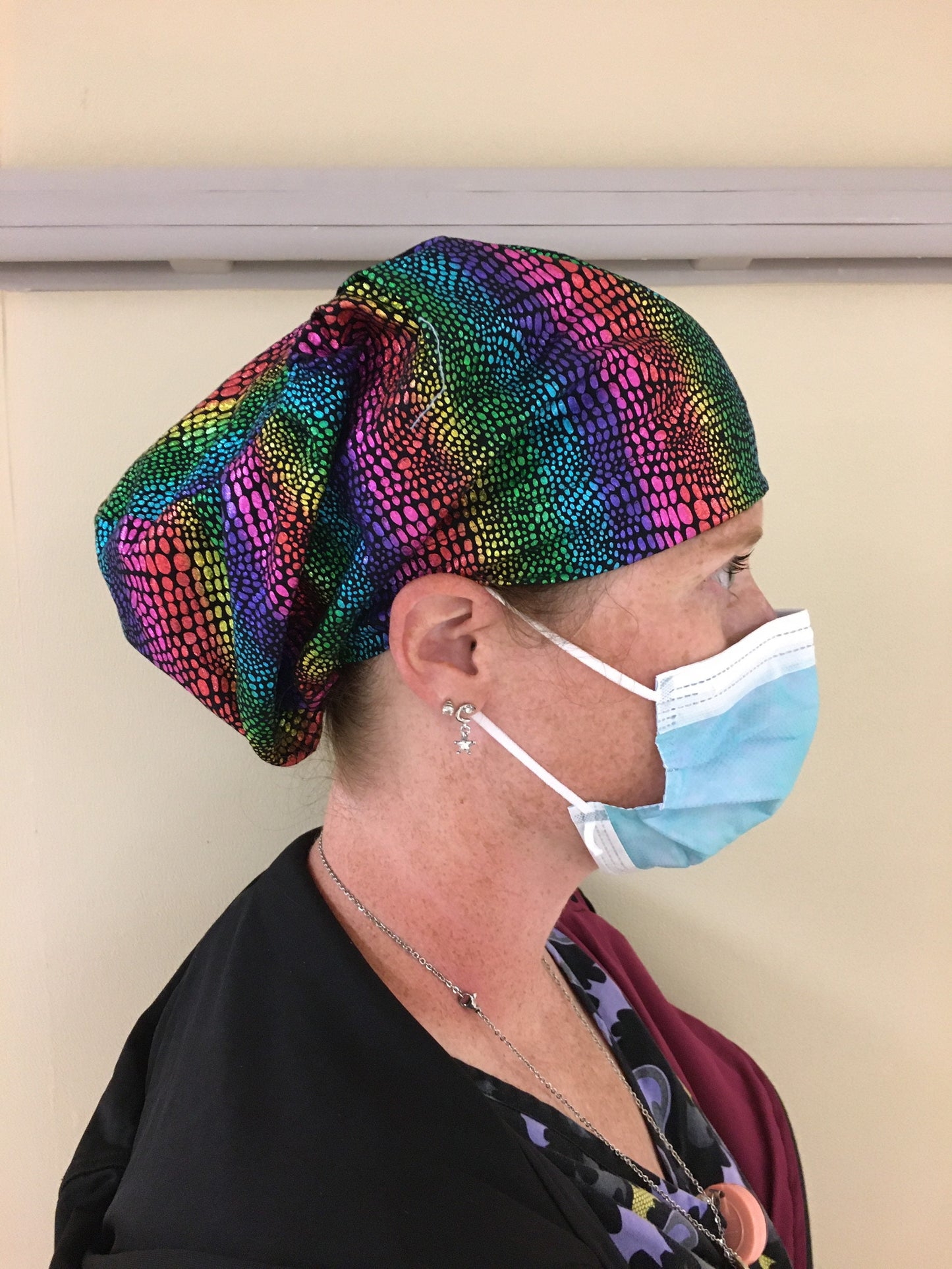 Shiny rainbow bouffant/euro hybrid style surgical/scrub/dental hat/cap by Carolinadreamsbyjen