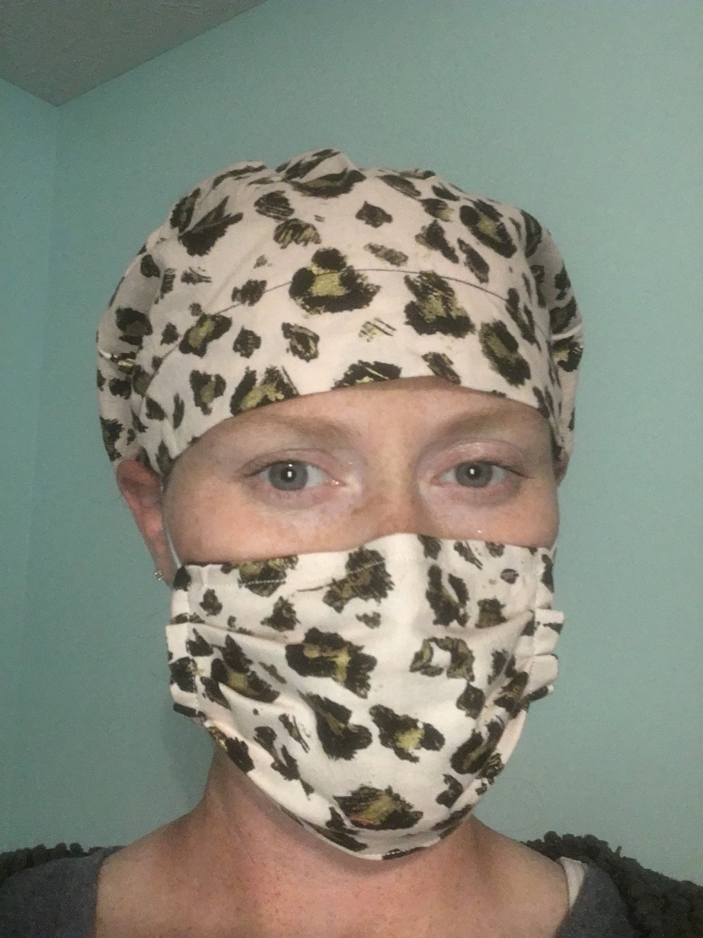 Cheetah bouffant/euro hybrid style surgical/scrub/dental hat by Carolinadreamsbyjen