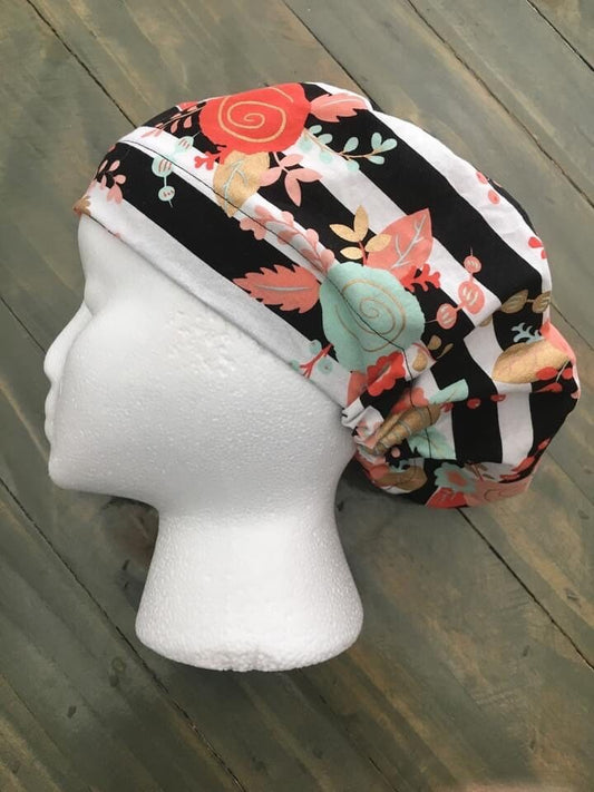 Flowers on stripes bouffant/euro style surgical hats