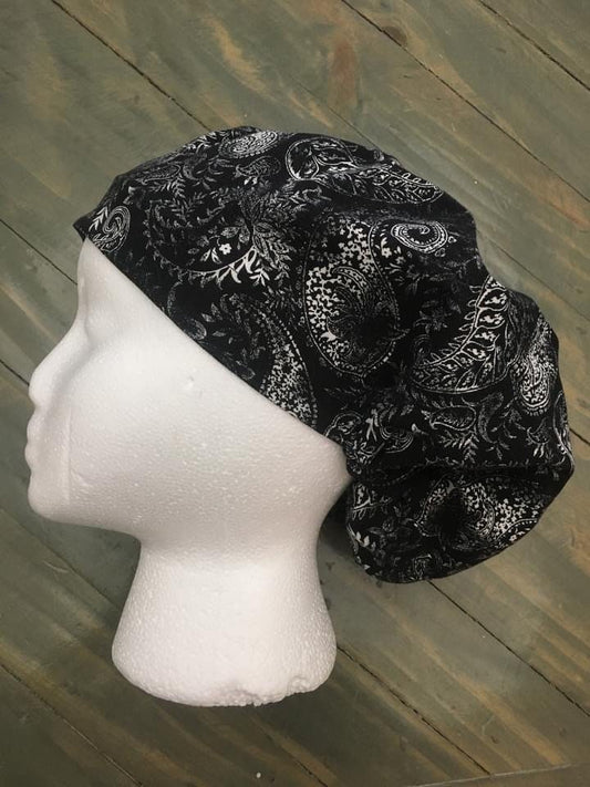 Black paisley bouffant/euro style surgical hat