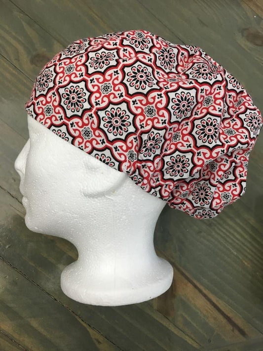 Red/black geometric bouffant/euro style surgical hat