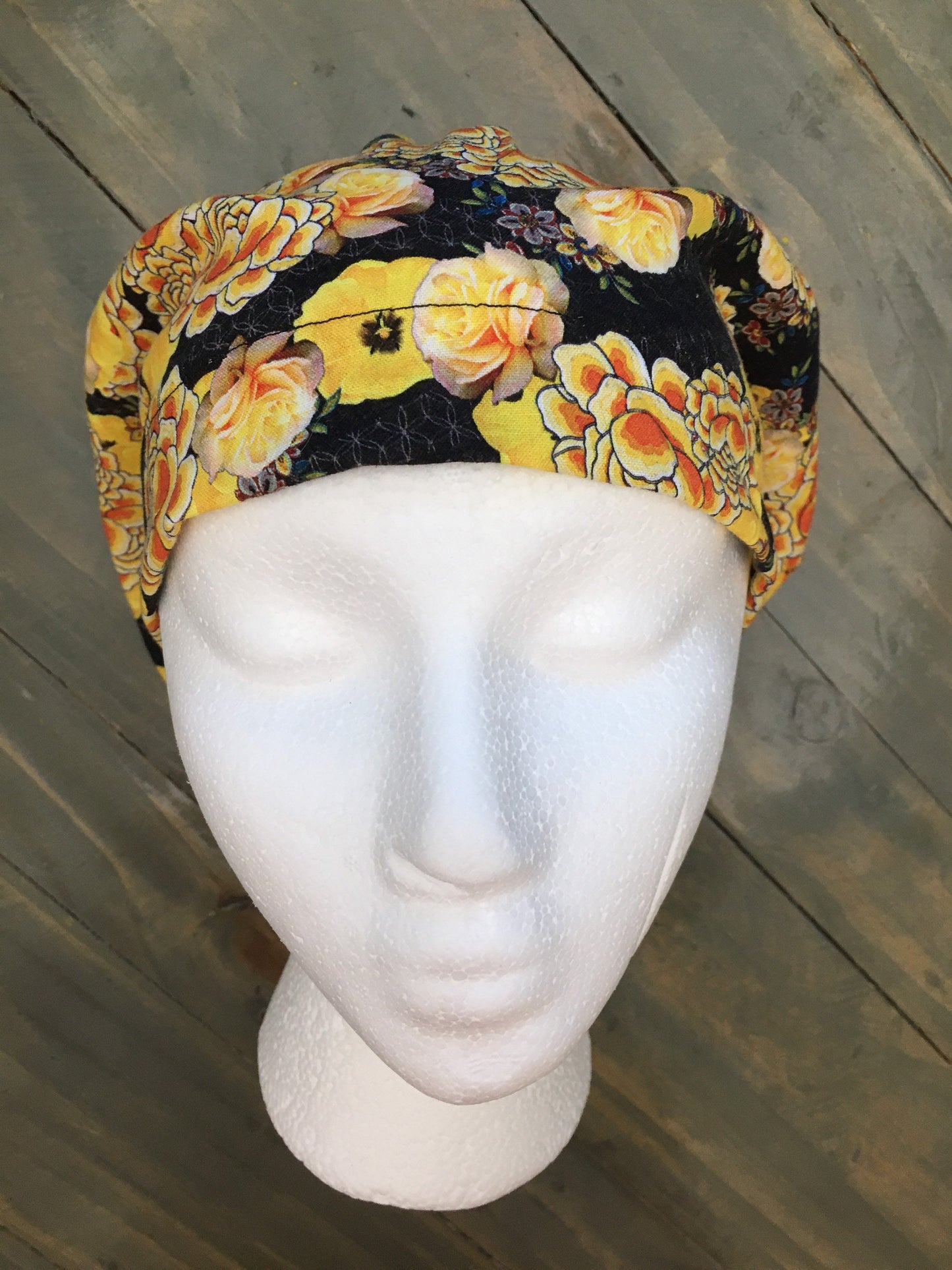 Black/yellow flowers bouffant/euro/dental style surgical hat by CarolinaDreamsbyjen