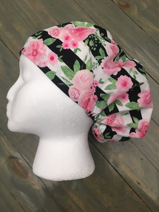 Striped roses bouffant/euro surgical/scrub/dental hat