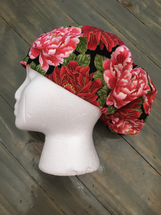 Red/pink flowers bouffant/euro surgical/scrub/dentist hat by CarolinaDreamsbyjen