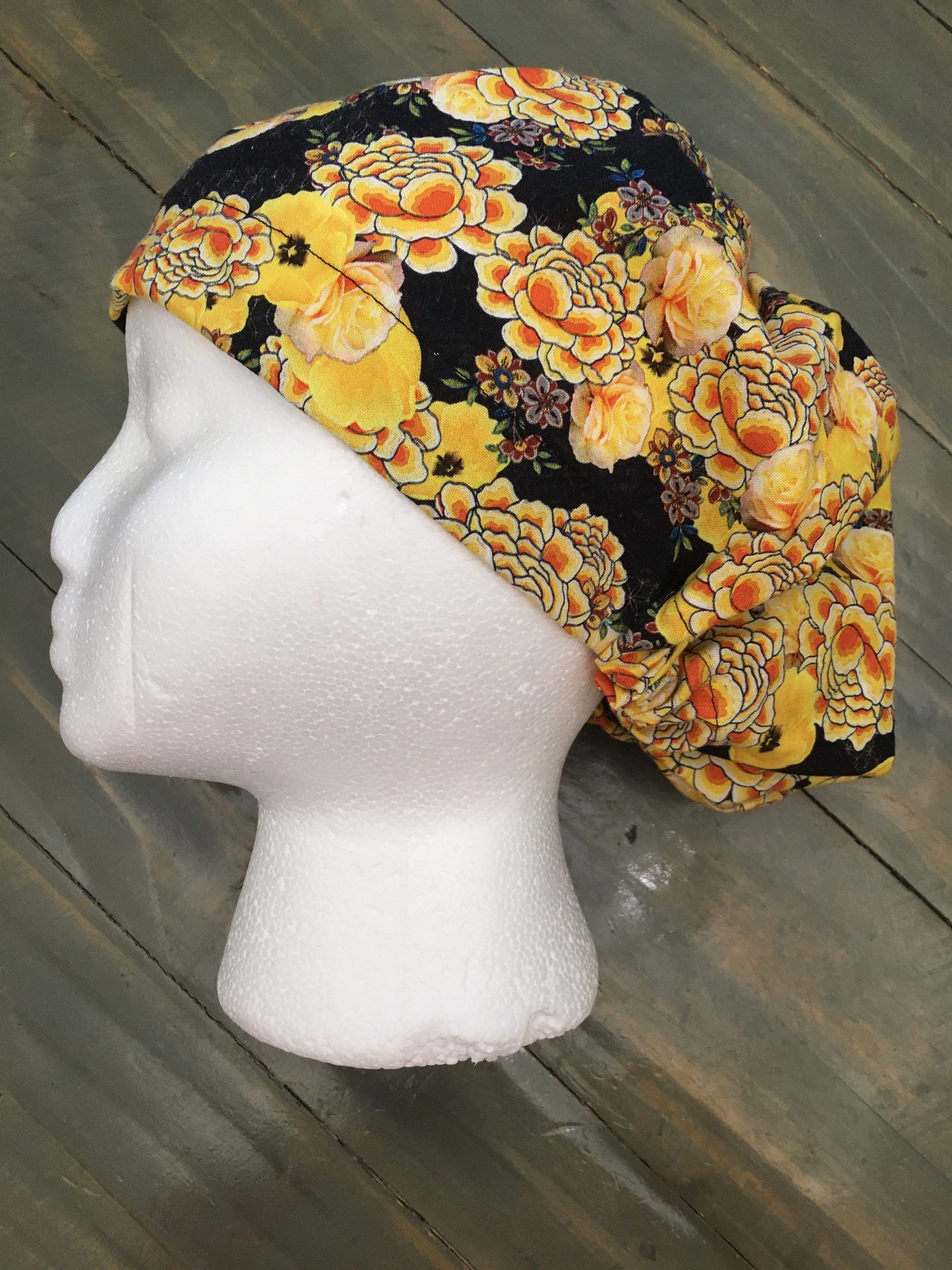 Black/yellow flowers bouffant/euro/dental style surgical hat by CarolinaDreamsbyjen