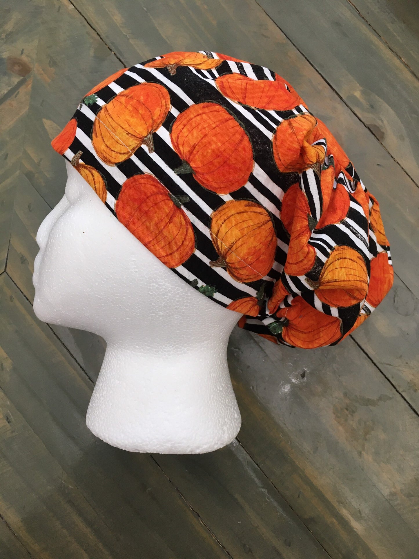 Pumpkin stripes bouffant/euro hybrid style surgical/scrub/dentist hat by CarolinaDreamsbyjen