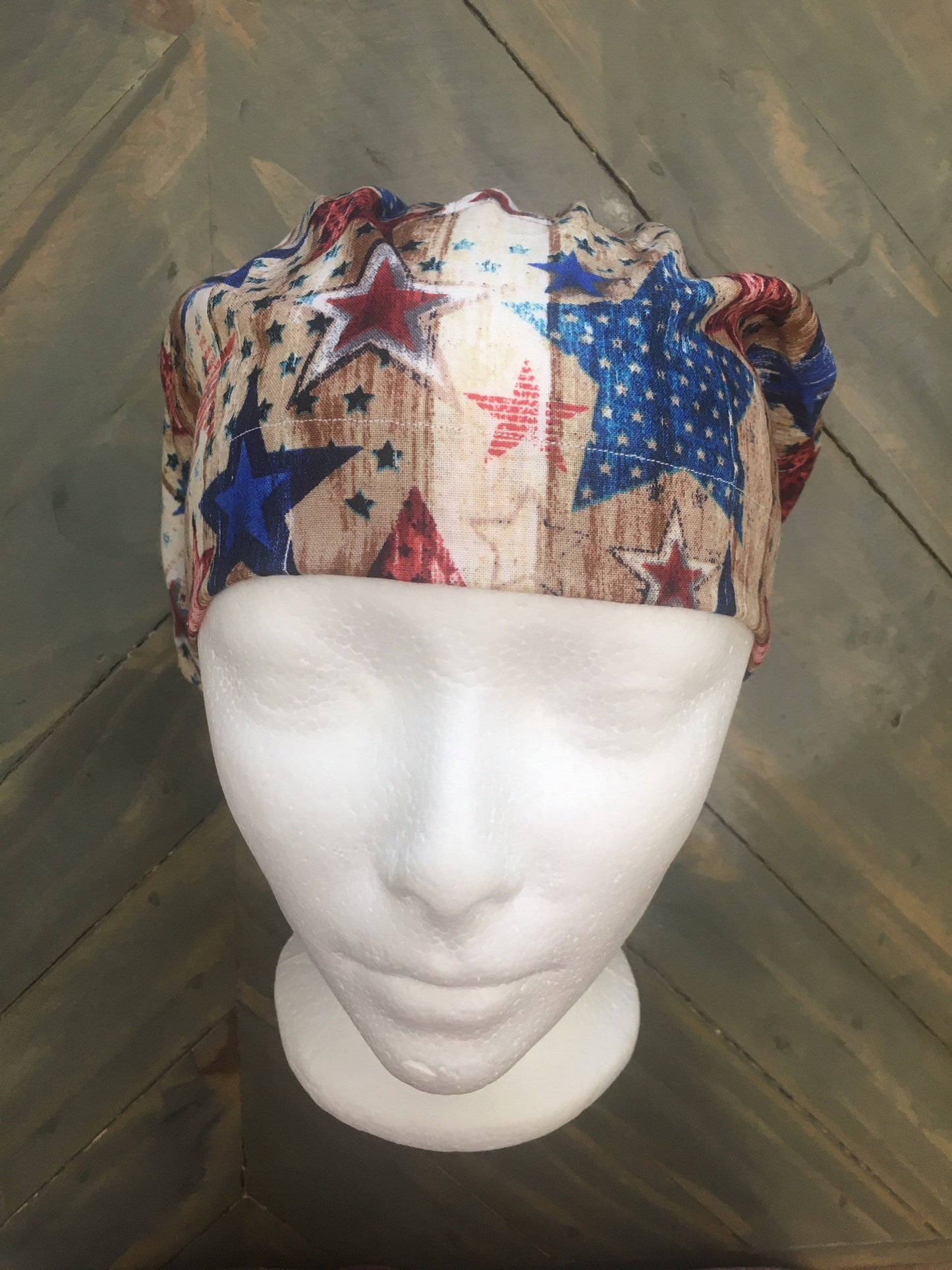 Stars on wood grain bouffant/euro style surgical/scrub/dental hat by CarolinaDreamsbyjen