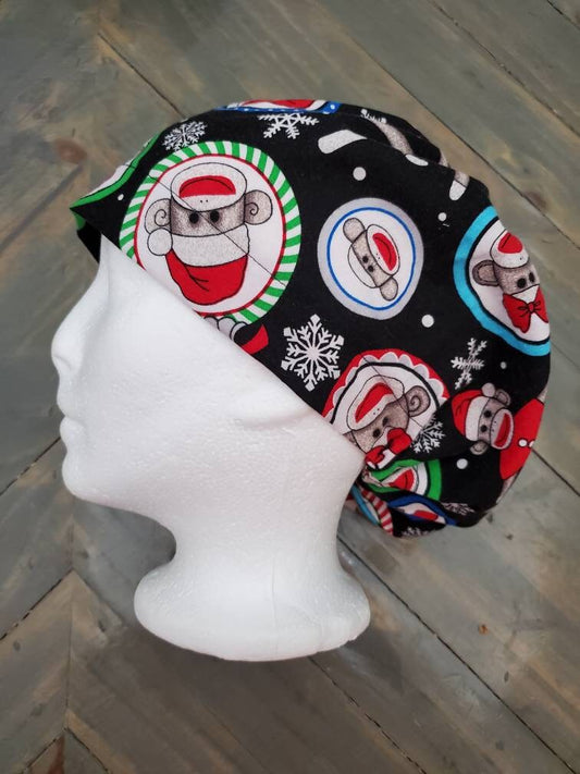 Sock monkey Christmas bouffant/Euro style surgical/scrub hat/cap