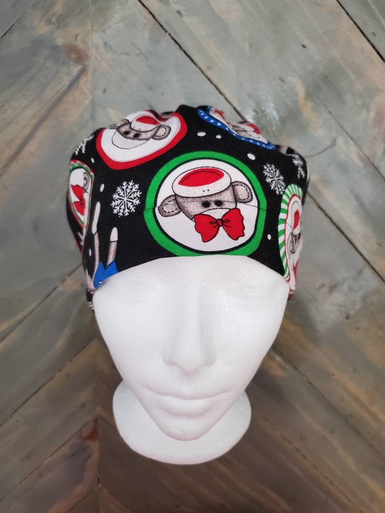 Sock monkey Christmas bouffant/Euro style surgical/scrub hat/cap