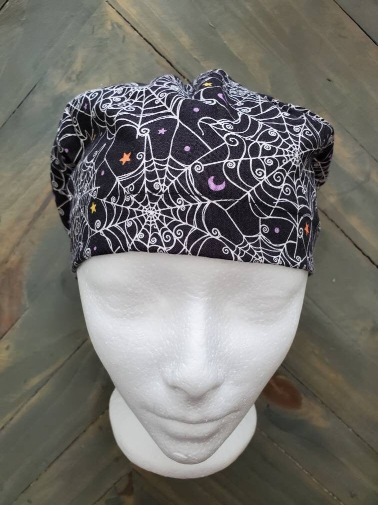 Spiderweb and stars bouffant/euro hybrid style surgical/scrub/dental hat by Carolinadreamsbyjen