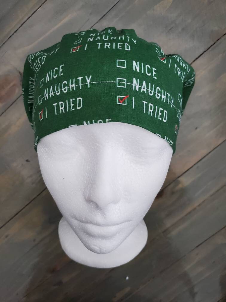 Naughty, Nice, I tried on green bouffant/euro hybrid style surgical/scrub/dental hat by Carolinadreamsbyjen