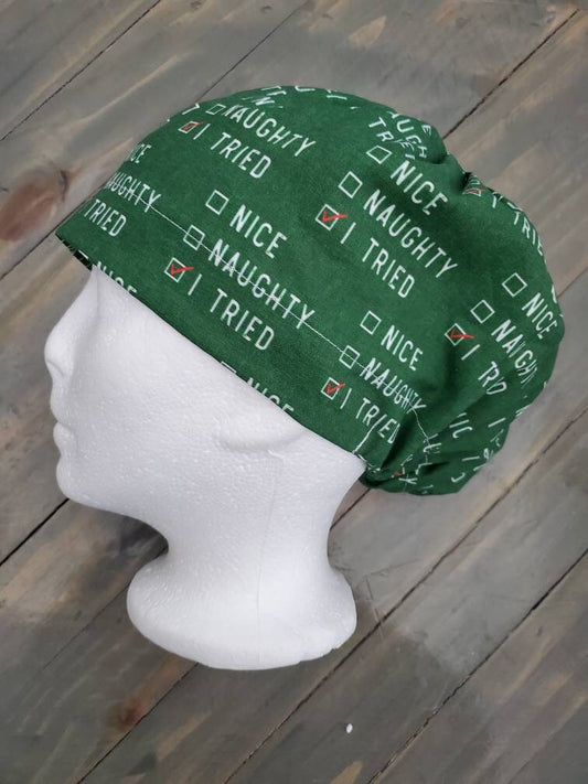 Naughty, Nice, I tried on green bouffant/euro hybrid style surgical/scrub/dental hat by Carolinadreamsbyjen