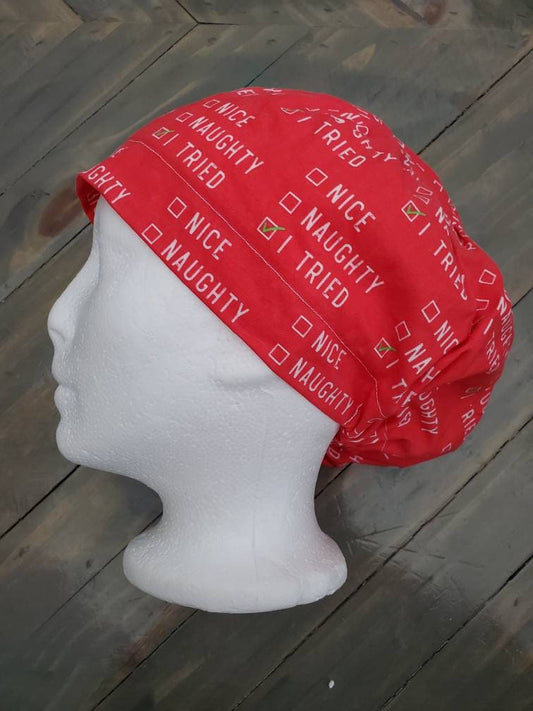 Naughty, Nice, I tried on red bouffant/euro hybrid style surgical/scrub/dental hat by Carolinadreamsbyjen