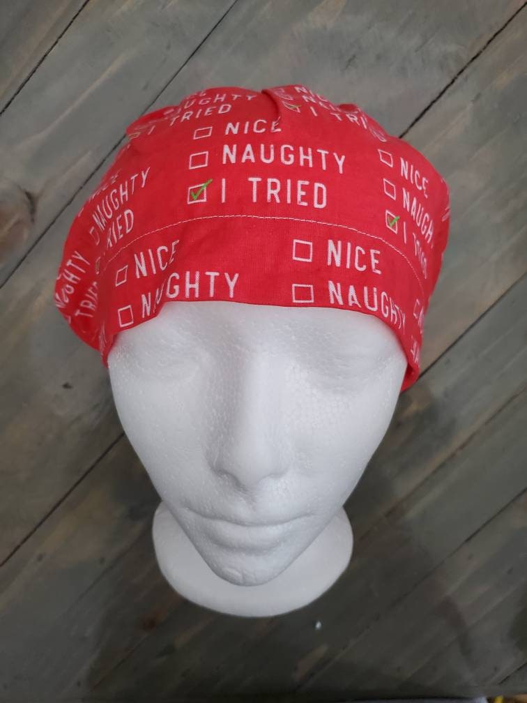 Naughty, Nice, I tried on red bouffant/euro hybrid style surgical/scrub/dental hat by Carolinadreamsbyjen