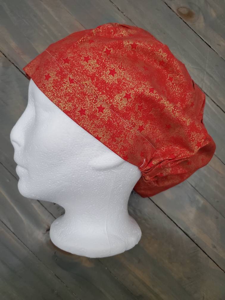 Red/gold stars bouffant/euro hybrid style surgical/scrub/dental hat by Carolinadreamsbyjen